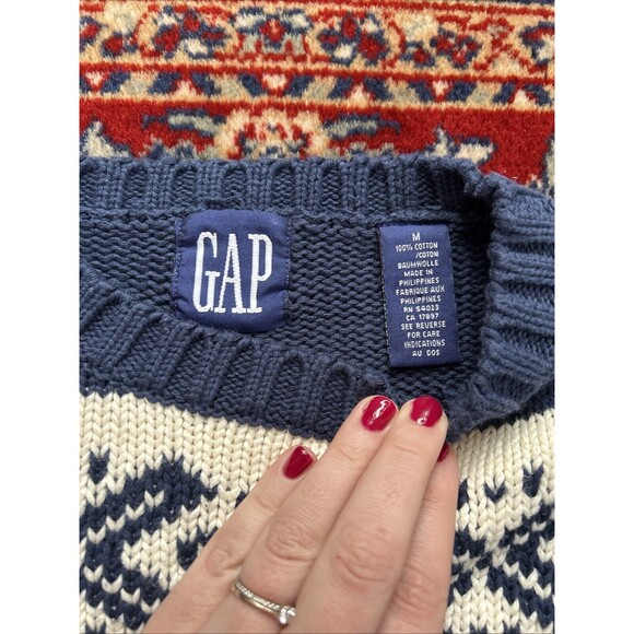 VINTAGE Gap Sweater Men’s M Blue Yellow Chunky Knit Wool Nordic Birdseye - Picture 4 of 6